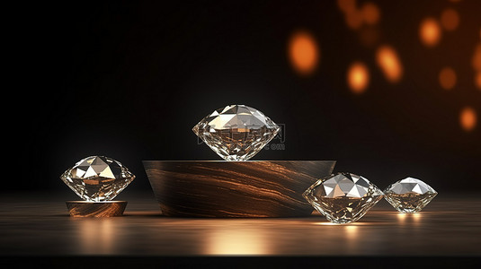 闪光背景图片_深色讲台上展示着采用 3D 技术渲染的精美钻石