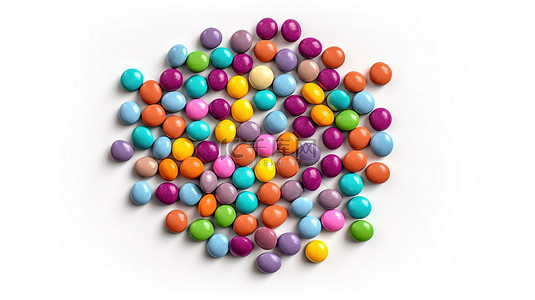 白色背景上由巧克力糖制成的孤立彩色药丸的顶视图 3D 插图