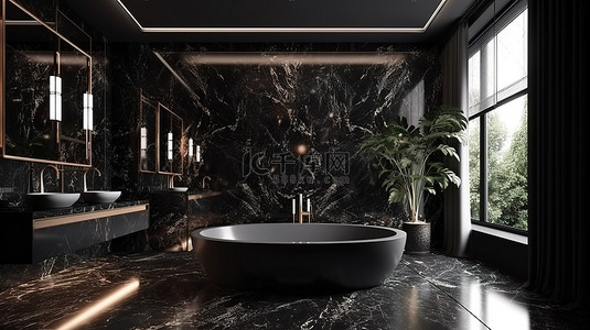 豪华浴室的华丽 3D 渲染图，配有宽敞的浴缸和华丽的黑色大理石墙面装饰