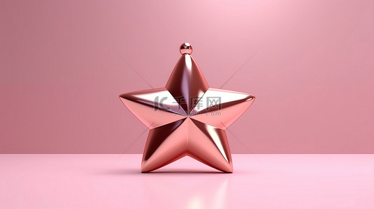 闪闪发光的金属玫瑰金星在光滑的粉红色表面 3D 渲染圣诞节和新年