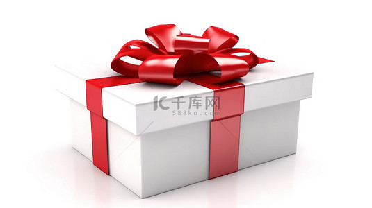 礼物红背景背景图片_未装箱的礼物白色背景，带有红丝带和蝴蝶结 3D 呈现惊喜纸板箱