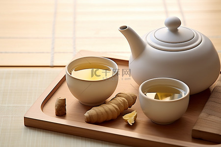 木板上的姜茶壶和勺子
