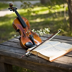 小提琴背景图片_一张木凳，上面放着小提琴和乐谱