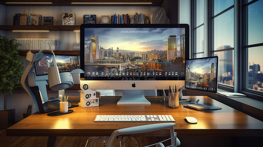 现代网站设计显示在 3D 渲染的办公室桌面上