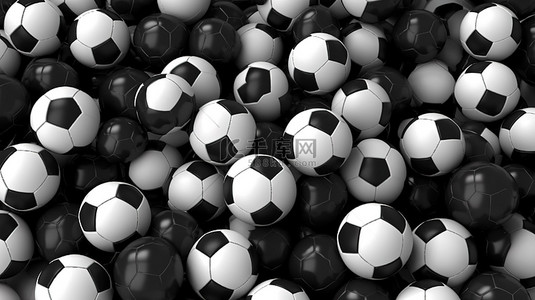 一堆老式足球，黑白 3D 渲染插图