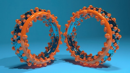 分形门户，在蓝色隔离背景下进行 3D 渲染，具有两个充满活力的橙色环