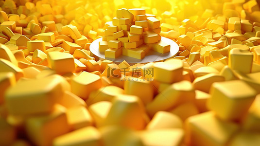 充满活力的黄色 3D 插图上有大量的马斯达姆奶酪碎片