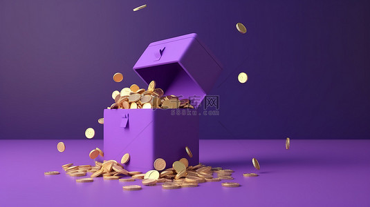 金融紫色背景背景图片_极简主义风格的卡通插图，硬币流入保险箱，带有财务储蓄成本降低和紫色背景横幅收益的概念