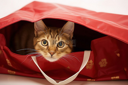 棕色的动物背景图片_一只棕色的猫躺在红色购物袋里