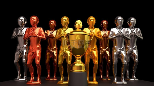 3D 渲染中的足球运动员具有不同的肤色头发颜色和国籍，举起胜利的金杯
