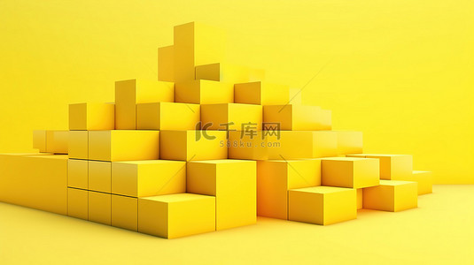 走向成功，在黄色背景上堆叠立方体，描绘不断发展的业务增长 3D 渲染全景