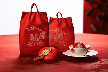 中秋国庆手写字体背景图片_盘子上有手写和盒子的红色袋子