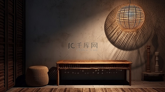 月光下的室内片段，配有精致的柳条灯罩和 3D 渲染的质朴木凳