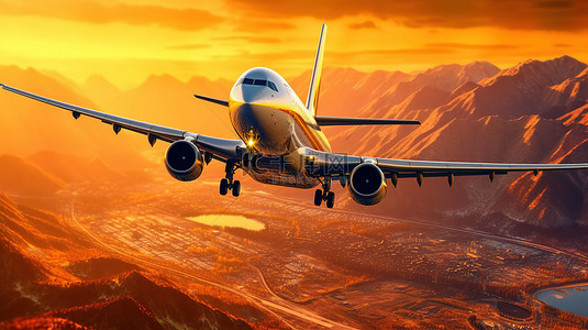 飞机出差背景图片_一架商用飞机在壮丽的日落中翱翔的令人惊叹的 3D 图像