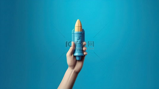 3d 卡通手发射火箭蓝色背景与升空渲染