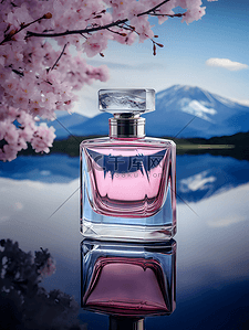 山脉水面樱花香水瓶摄影广告背景