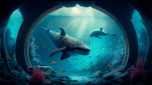 大海卡通海豚背景图片_海底世界鲨鱼插画背景