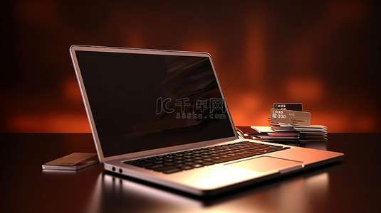 信用卡广告背景图片_笔记本电脑和信用卡图标的 3D 渲染，带有剪切路径，非常适合在线购物广告设计