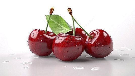 樱桃果汁背景图片_3D 渲染的纯白色背景上多汁的樱桃果实和翠绿的叶子