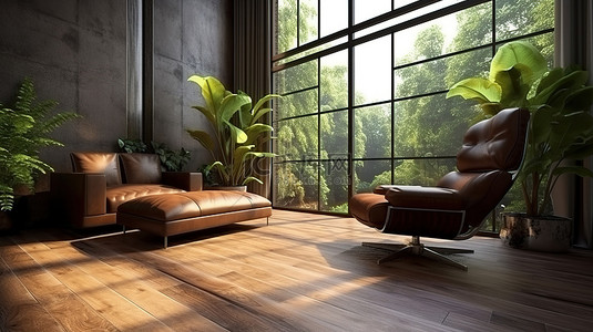 现代阁楼客厅的 3D 渲染增强了自然的辉煌，并配有时尚的深棕色皮椅