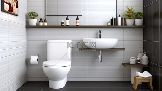 时尚卫生间背景图片_时尚的浴室设计，采用 3D 渲染的白色瓷砖和木地板