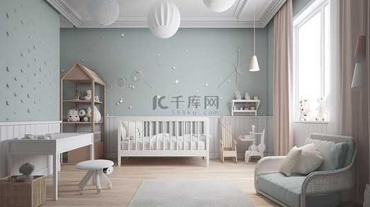 幼儿园娃娃背景图片_3D 渲染中的概念婴儿卧室布局