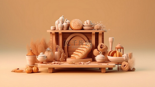 桌子面粉背景图片_烘焙概念设计的 3D 插图