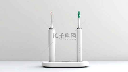 平衡电动背景图片_基本牙刷和现代电动牙刷，带充电座，位于 3D 呈现的白色背景上