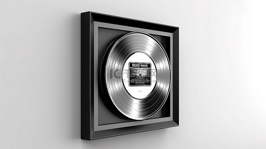 黑框白金或银乙烯基 CD 奖的 3D 渲染，白色背景上带有标签