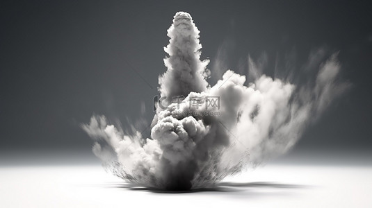 白色背景发射概念一枚成功的火箭在 3D 渲染的烟雾中起飞