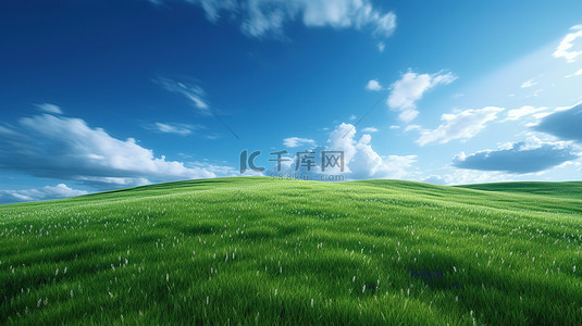 绿色生活背景背景图片_清澈的蓝天下连绵起伏的绿色山丘，云彩 3D 渲染