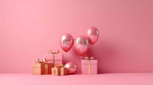 礼盒气球背景图片_豪华简约的样机粉红色背景，配有金色礼盒气球和简单干净的设计 3D 渲染中的空白空间