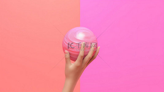 粉红色背景下伸展沙滩球的手的 3D 渲染