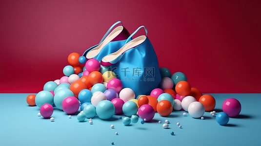 一堆彩色球围绕着一个 3D 渲染的袋子，露出化妆品和高跟鞋