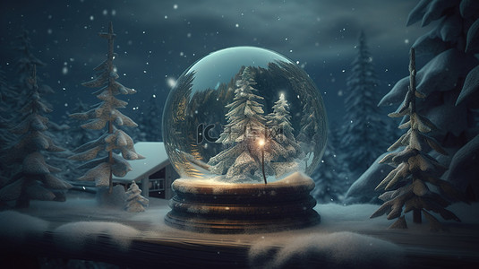 雪域背景图片_迷人的 3D 童话节日贺卡，配有水晶球节日枞树和雪域美食