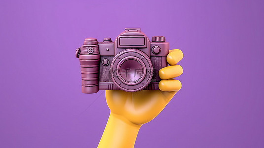插图紫色背景与卡通手和照片相机突出显示 3D 渲染复制空间
