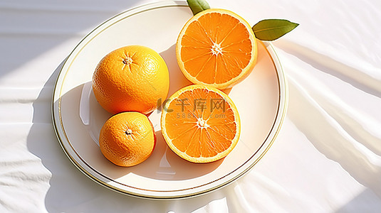 白盘上的四个橙子和两片橙子