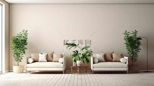 单人沙发时尚背景图片_现代客厅设计，配有两张单人沙发和时尚的植物 3D 渲染