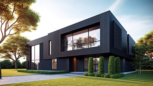 简约建筑时尚黑屋的 3D 插图，拥有郁郁葱葱的草坪和树木背景