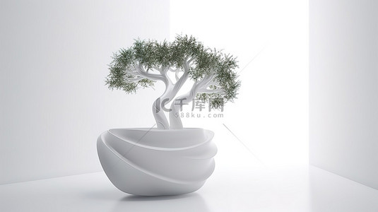 受自然启发的 3d 树在花盆中，白色背景上有美丽弯曲的植物树干