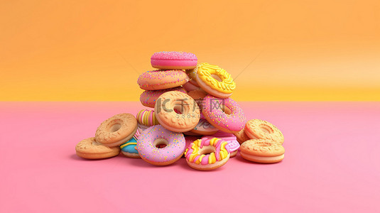 粉色背景 3D 渲染插图上呈现的色彩鲜艳的甜饼干