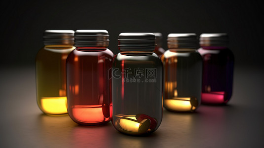 保健品瓶子样机背景图片_3D 渲染图像描绘了一个装有药用或膳食胶囊的瓶子，并有足够的文本空间