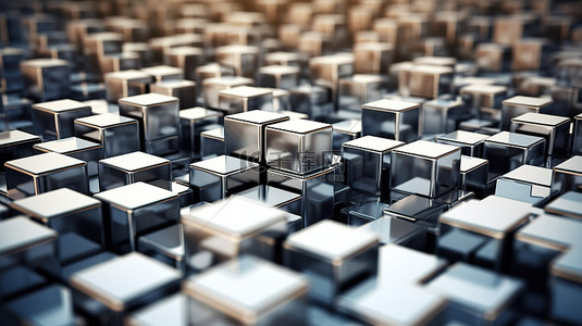 金属立方体生成具有景深效果的抽象背景的 3D 插图