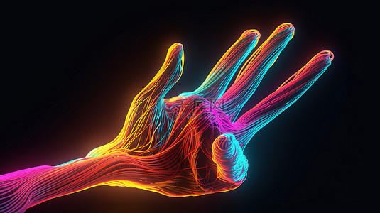 手展背景图片_充满活力的霓虹灯在 3d 渲染的人造手周围发光