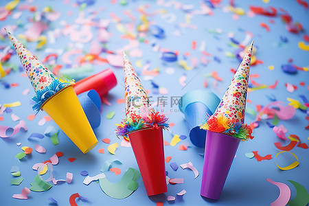 彩色纸屑和派对锥体在彩色锥体和五彩纸屑前面