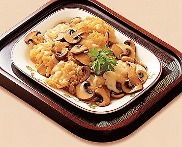 疯狂炒饭海报背景图片_煎鸡蛋烩饭配蘑菇放在托盘上