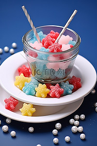 水果背景蓝色背景图片_彩色注射器，含糖水果小碗糖白板