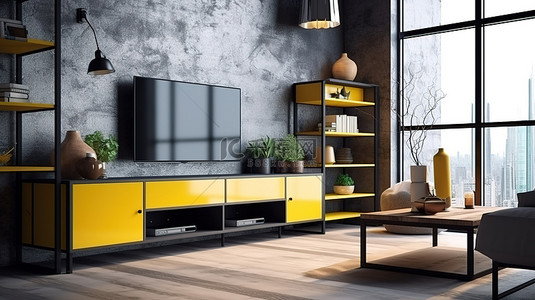 时尚的阁楼休息室设有黄色设计师电视柜，配有架子和电视 3D 渲染
