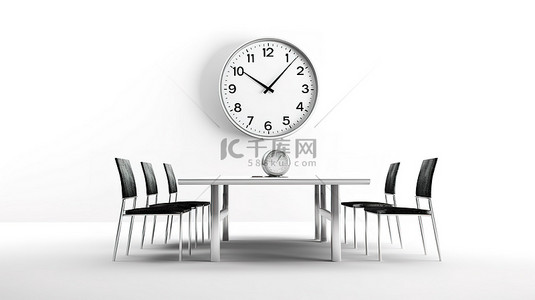 会议商务背景背景图片_在以 3d 呈现的白色背景上围绕桌子布置的椅子中的时钟中心