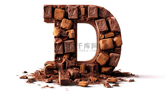 企业担当文字背景图片_用巧克力块和碎片制作的字母 e 的 3D 插图
